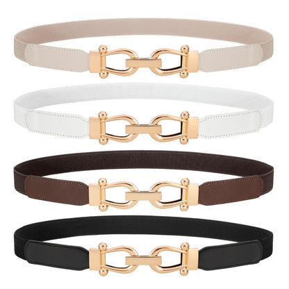 HOTWERFORU 4 Pack Women Skinny Elastic Waist Belt Gold Buckle Stretchy Thin Belt for Jeans Dress