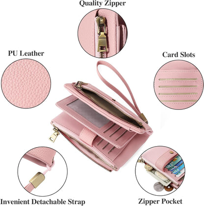 HOTSENDEFN Small Wallet for Women Leather RFID Blocking Wristlet Wallet Credit Card Holder with Double Zipper Coin Purse Ladies Bifold Purse