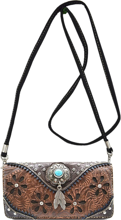 HOTWestern Feather Tooled Leather Floral Laser Cut Flower Purse Studs Single Shoulder Bag Clutch Women Trifold Wristlets Wallet (Coffee)