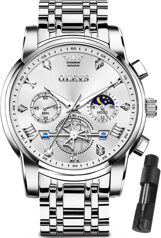 HOTOLEVS Watches Men Stainless Steel Chronograph Watch Luxury Big Face Man Dress Watches Waterproof Roman Numeral Analog Quartz Men Wrist Watch Diamond Relojes para Hombre(Silver/Black/Gold/Red/Blue)