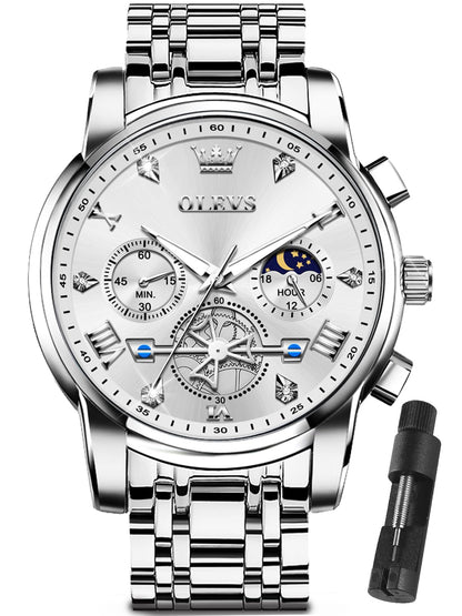 HOTOLEVS Watches Men Stainless Steel Chronograph Watch Luxury Big Face Man Dress Watches Waterproof Roman Numeral Analog Quartz Men Wrist Watch Diamond Relojes para Hombre(Silver/Black/Gold/Red/Blue)
