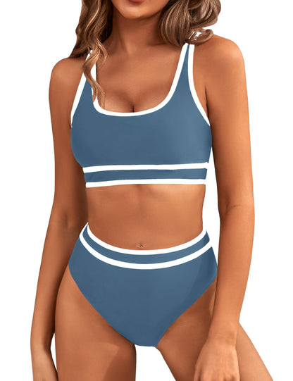 HOTBMJL Women's High Waisted Bikini Sets Sporty Two Piece Swimsuits Color Block Tummy Control Modest Bathing Suit