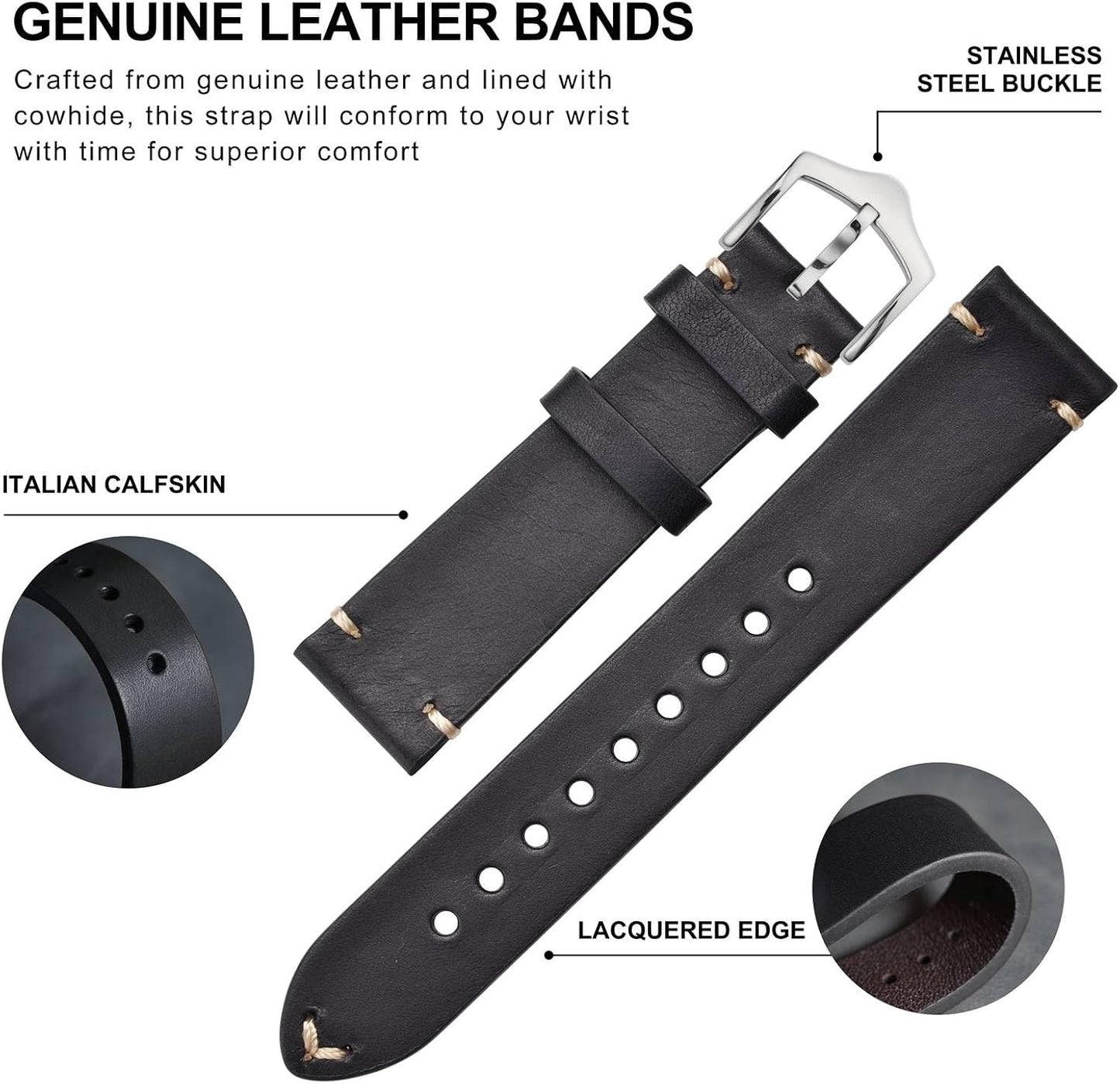 HOTBISONSTRAP Men's Watch Bands, Hand-Stitched Leather Watch Straps, Quick Release, 18mm 19mm 20mm 21mm 22mm