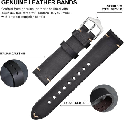 HOTBISONSTRAP Men's Watch Bands, Hand-Stitched Leather Watch Straps, Quick Release, 18mm 19mm 20mm 21mm 22mm