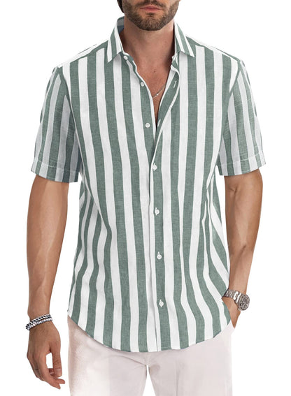 HOTJMIERR Men's Casual Stylish Short Sleeve Button-Up Striped Dress Shirt Cotton Beach Shirts