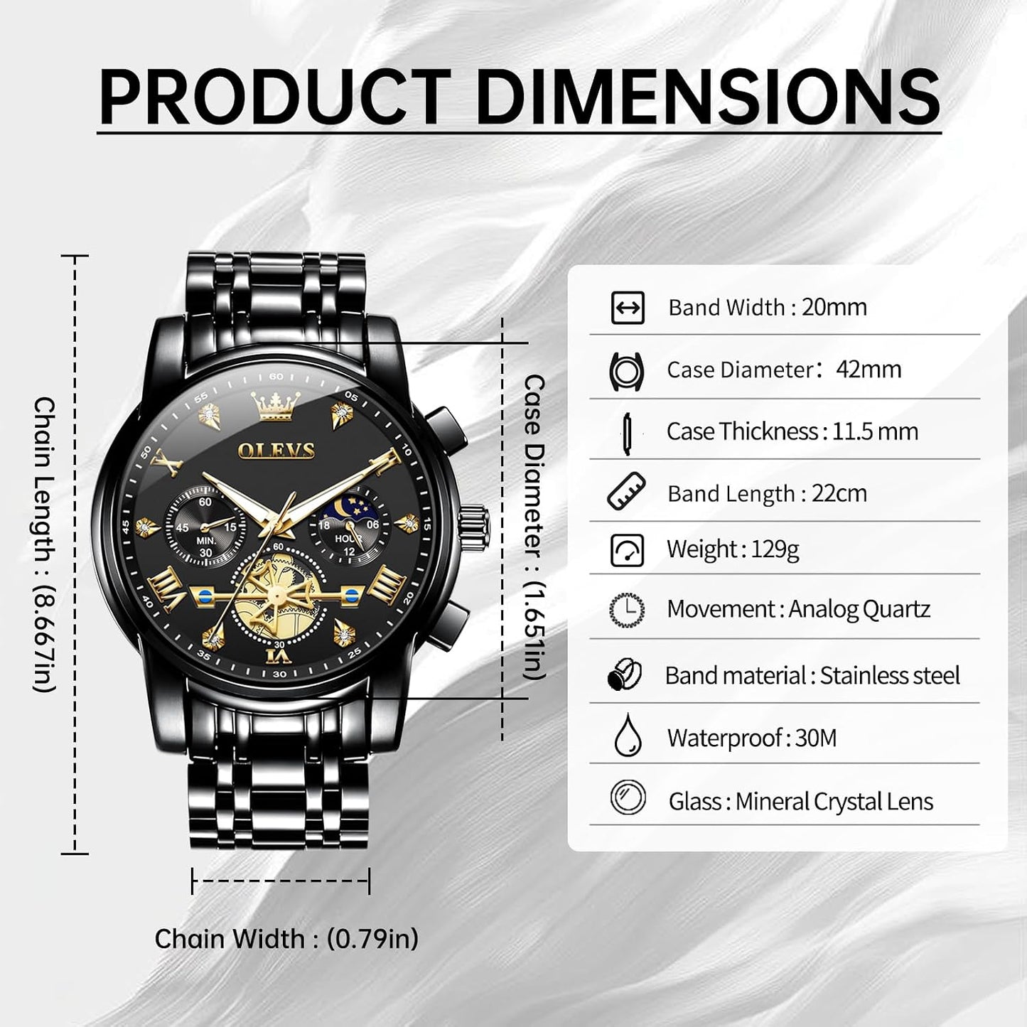 HOTOLEVS Watches Men Stainless Steel Chronograph Watch Luxury Big Face Man Dress Watches Waterproof Roman Numeral Analog Quartz Men Wrist Watch Diamond Relojes para Hombre(Silver/Black/Gold/Red/Blue)