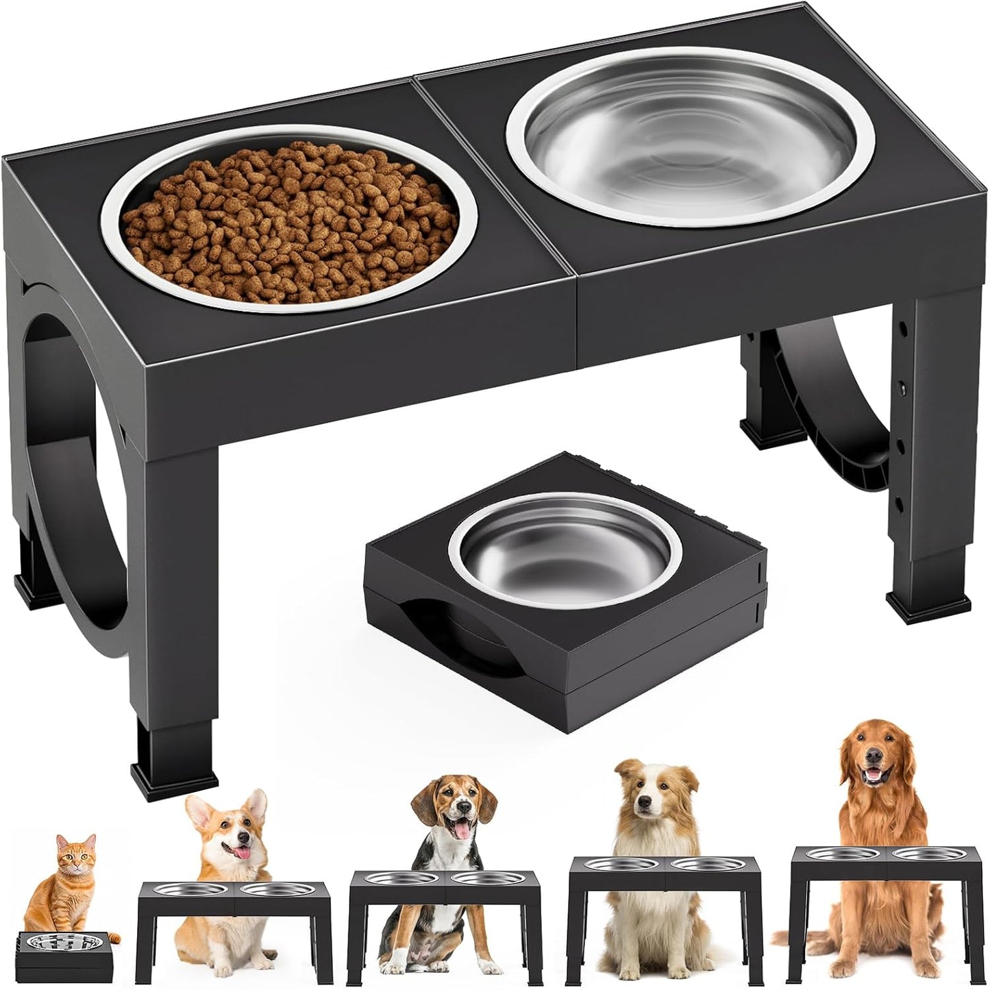 HOTXIAZ Elevated Dog Bowls Large Breed Raised Dogs Bowl Stand Large/Medium Sized Dog Stainless Steel Food Water Bowl Stands 5 Heights Adjustable 9/11/12/14in Black Pet Feeder Dish Station