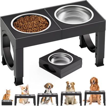 HOTXIAZ Elevated Dog Bowls Large Breed Raised Dogs Bowl Stand Large/Medium Sized Dog Stainless Steel Food Water Bowl Stands 5 Heights Adjustable 9/11/12/14in Black Pet Feeder Dish Station