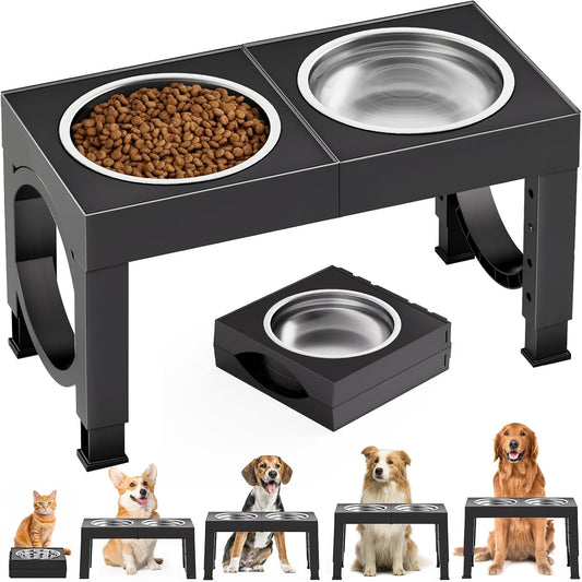 HOTXIAZ Elevated Dog Bowls Large Breed Raised Dogs Bowl Stand Large/Medium Sized Dog Stainless Steel Food Water Bowl Stands 5 Heights Adjustable 9/11/12/14in Black Pet Feeder Dish Station