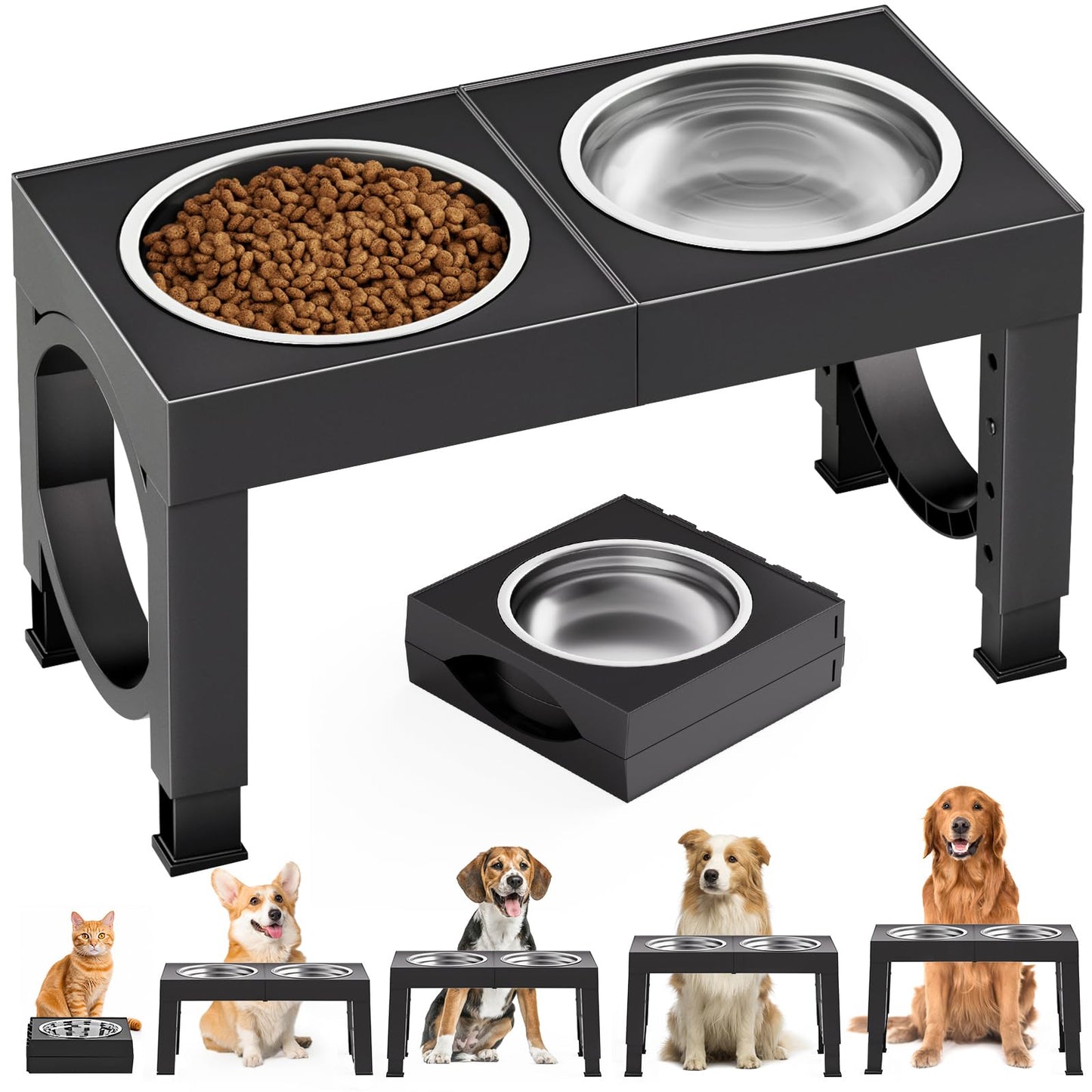 HOTXIAZ Elevated Dog Bowls Large Breed Raised Dogs Bowl Stand Large/Medium Sized Dog Stainless Steel Food Water Bowl Stands 5 Heights Adjustable 9/11/12/14in Black Pet Feeder Dish Station