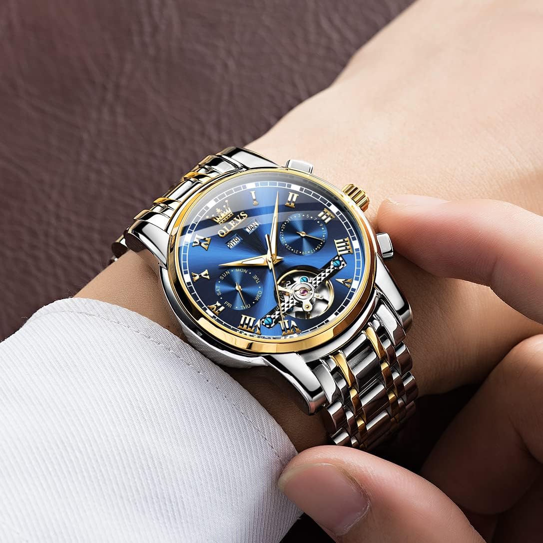 HOTOLEVS Self Winding Watches for Men Automatic Mechanical Dress Tourbillon Stainless Steel Dual Calendar Waterproof Luminous Wrist Watch