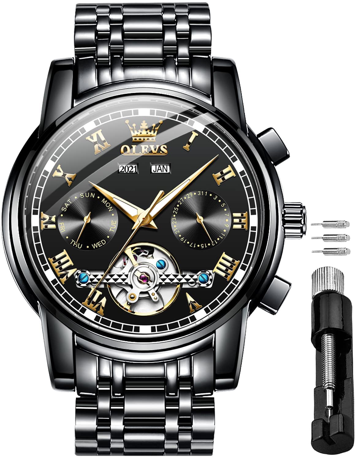 HOTOLEVS Automatic Mens Watch, Self Winding, Stainless Steel, Watch for Men | 50M Waterproof, Tourbillon Mechanical, Luxury Dress, Luminous, Calendar, 41×12mm, No Battery, Automatic Movement