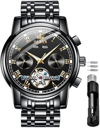 HOTOLEVS Automatic Mens Watch, Self Winding, Stainless Steel, Watch for Men | 50M Waterproof, Tourbillon Mechanical, Luxury Dress, Luminous, Calendar, 41×12mm, No Battery, Automatic Movement