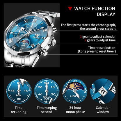 HOTOLEVS Watch Men Luxury Sliver Stainless Steel Dress Waterproof Blue Face Wrist Watches for Men Classic Analog Quartz Moon Phase Chronograph Men Watch Relojes De Hombre