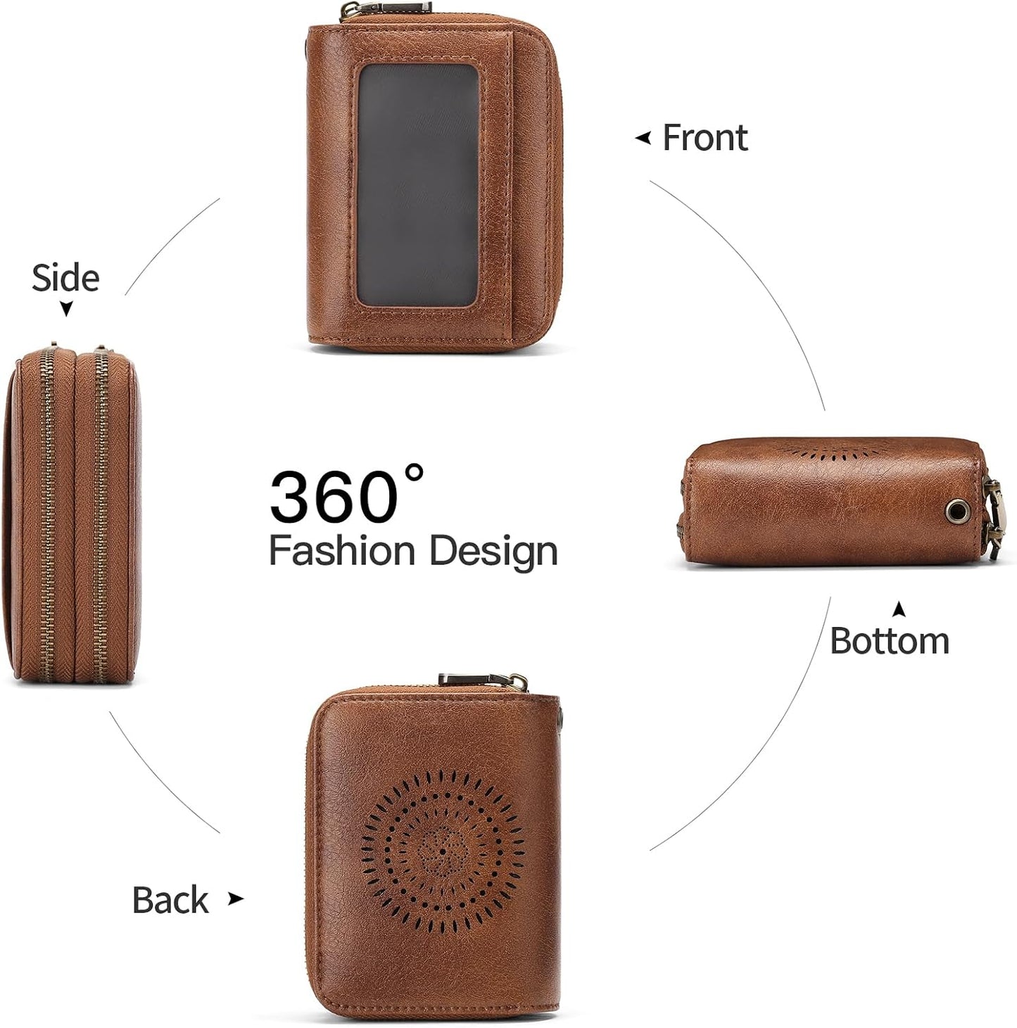 HOTSENDEFN Leather Credit Card Holder Small Wristlet Woman Wallets RFID Blocking Double Zipper with ID Window