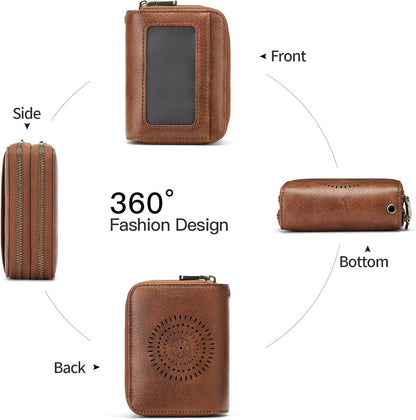 HOTSENDEFN Leather Credit Card Holder Small Wristlet Woman Wallets RFID Blocking Double Zipper with ID Window
