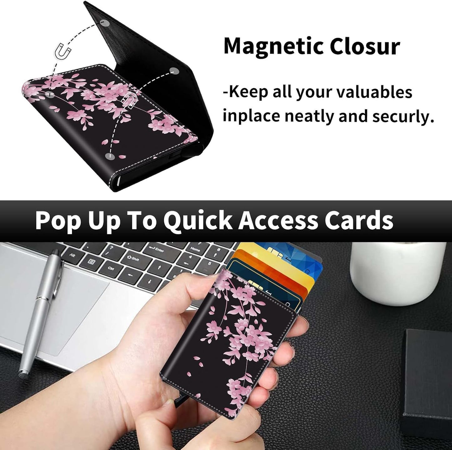HOTPop Up Wallet Women Men with Money Slot,RFID Blocking Leather Minimalist Automatic Credit Card Holder Business Trifold Card Case-Cherry Blossoms