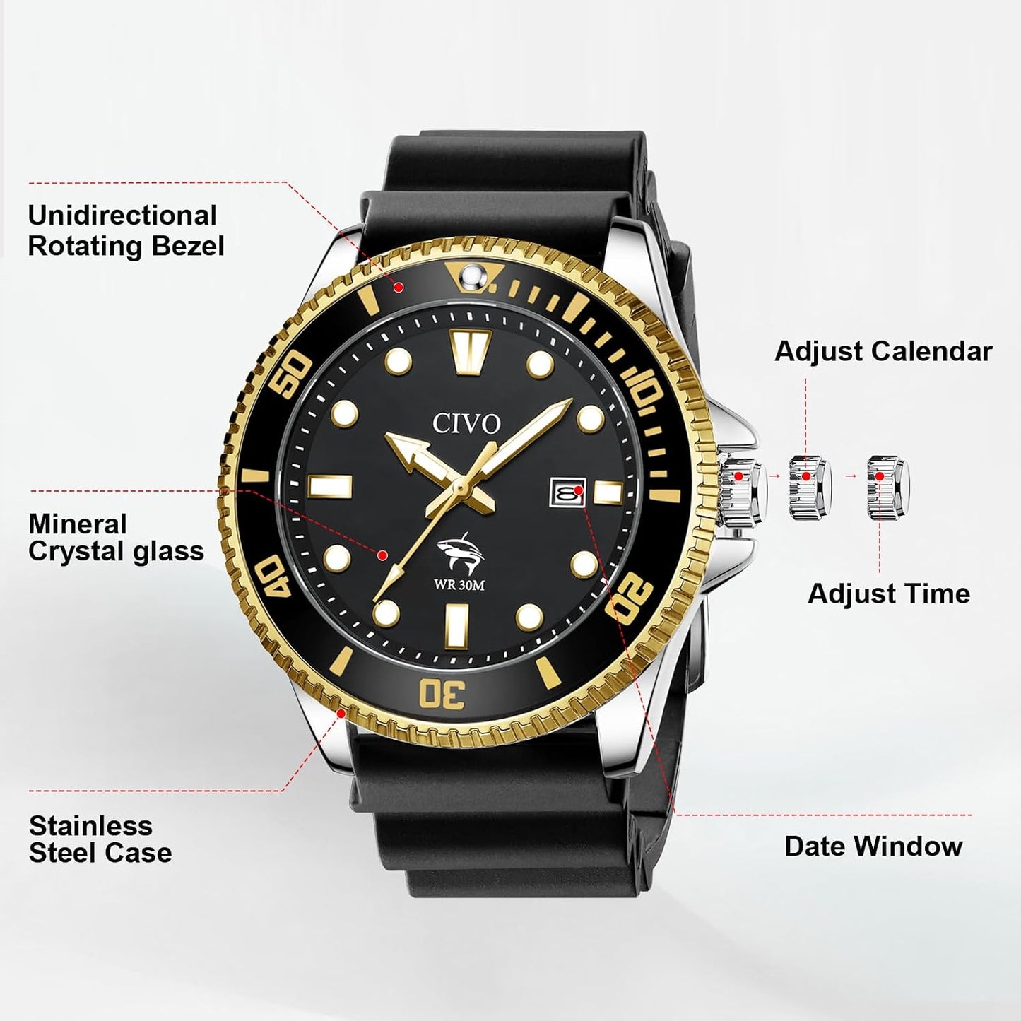 HOTCIVO Sport Wrist Watches for Men: Classic Analog Watch with Date Luminous - Silicone Strap & Waterproof - Casual Men's Watch for Outdoor Camping Cycling