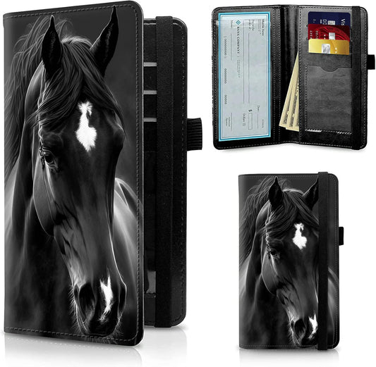 HOTFUYOCWE Leather Checkbook Covers for Men Women Check book Holder Cover Wallets for Personal Checkbook Duplicate Checks with RFID Blocking & Elastic Strap-Beautiful Black Horse