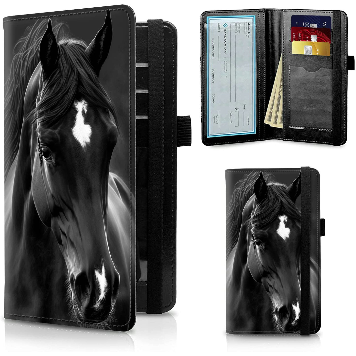 HOTFUYOCWE Leather Checkbook Covers for Men Women Check book Holder Cover Wallets for Personal Checkbook Duplicate Checks with RFID Blocking & Elastic Strap-Beautiful Black Horse