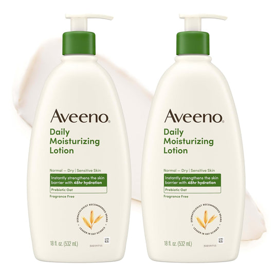 HOTAveeno Daily Moisturizing Body Lotion for Normal to Dry Skin with Soothing Prebiotic Oat, Non Greasy, Non Comedogenic, Fragrance Free Body Lotion for Women & Men, 18 fl oz
