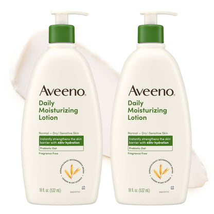 HOTAveeno Daily Moisturizing Body Lotion for Normal to Dry Skin with Soothing Prebiotic Oat, Non Greasy, Non Comedogenic, Fragrance Free Body Lotion for Women & Men, 18 fl oz