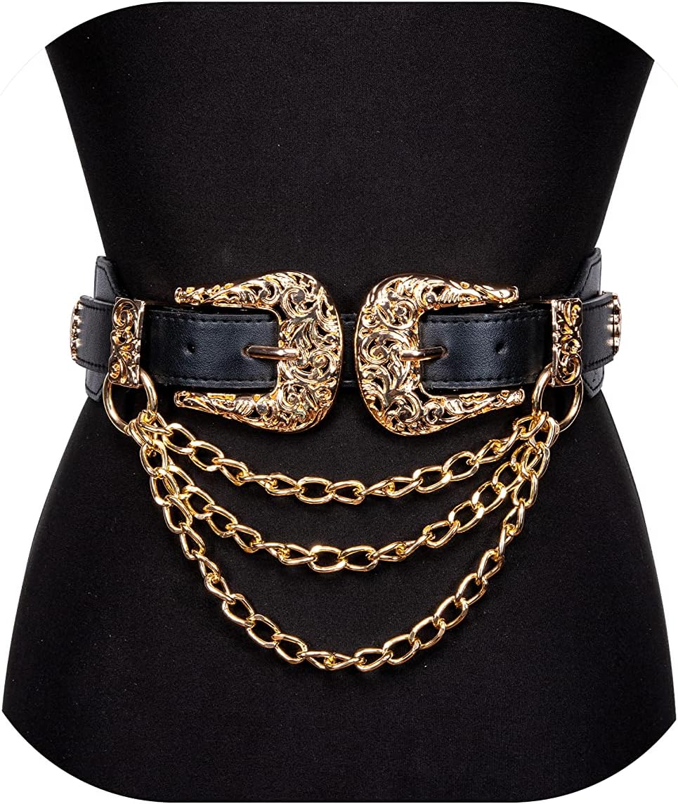 HOTDubulle Womens Belt Chain Leather Belts Vintage Western Adjustable Elastic Double Buckle for Cowboy Pant Dress