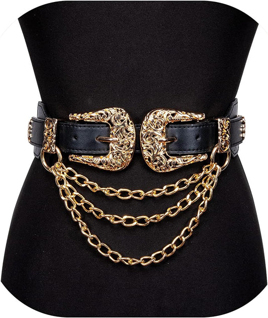 HOTDubulle Womens Belt Chain Leather Belts Vintage Western Adjustable Elastic Double Buckle for Cowboy Pant Dress