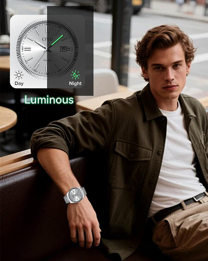 HOTCIVO Analog Mens Watches Silver: Wrist Watches with Date Easy to Read | Dress Stainless Steel Watch for Men, Gifts for Husband Father at Birthday Anniversary
