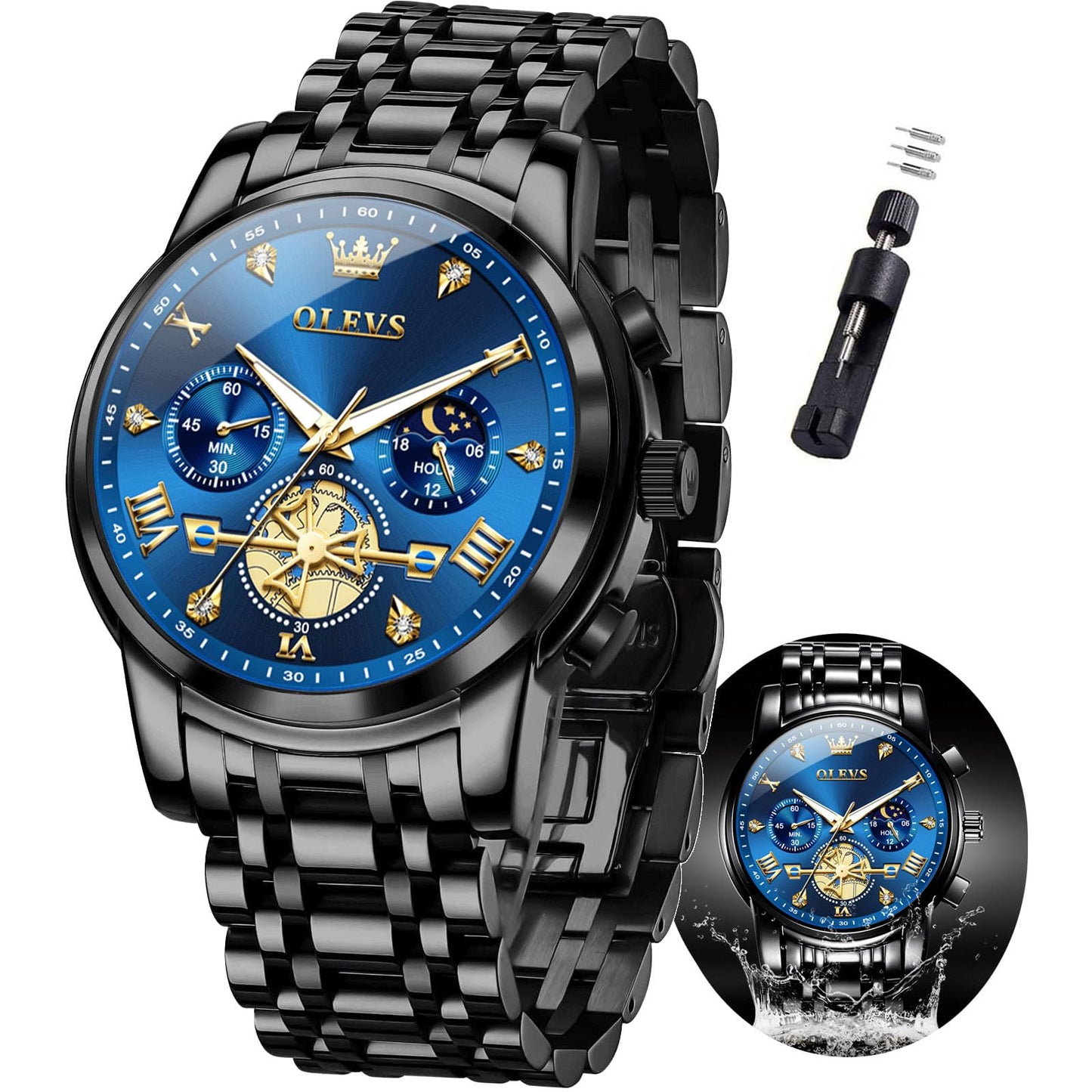 HOTOLEVS Mens Watches Chronograph Watch Luxury Dress Stainless Steel Waterproof Watches for Men Moon Phase Luminous Business Calendar Wrist Watch Blue/Black/Green/Gold/Face