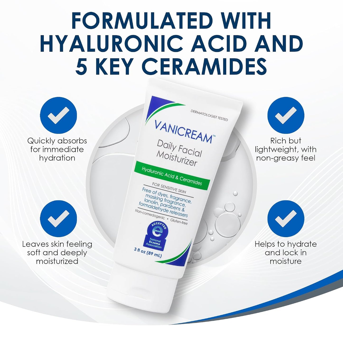 HOTVanicream Daily Facial Moisturizer, Face Cream with 5 Key Cermides & Hyaluronic Acid, 3 Fl Oz, Formulated Without Common Irritants for Sensitive Skin, Lightweight, Non-Greasy Hydration