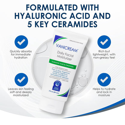 HOTVanicream Daily Facial Moisturizer, Face Cream with 5 Key Cermides & Hyaluronic Acid, 3 Fl Oz, Formulated Without Common Irritants for Sensitive Skin, Lightweight, Non-Greasy Hydration