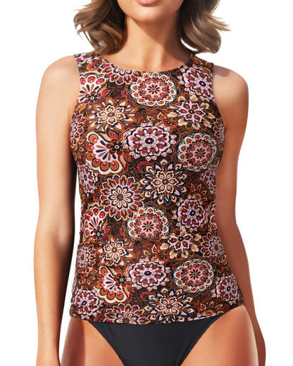 HOTDaci Tankini Tops for Women Tummy Control Swim Top Only | High Neck, Ruched Front, Full Coverage, Removable Pads, No Bottom, Soft Stretch Fabric, Fully Lined, Beach and Water Sports