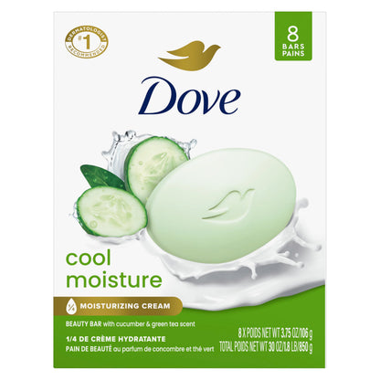 HOTDove Cool Moisture Beauty Bar Soap 8 Count, Refreshing Cleanser, 3.75 oz I Moisturizing beauty bar with cucumber and green tea scent for refreshed, soft skin