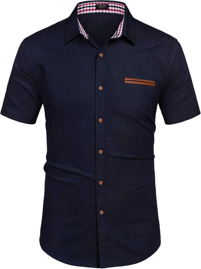 HOTCOOFANDY Men's Cotton Casual Short Sleeve Button Down Shirt Plaid Collar Denim Work Shirts