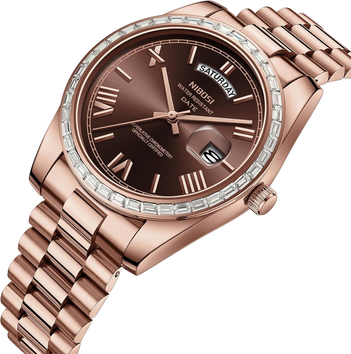 HOTNIBOSI Men's Watches Analog Quartz Diamond Bezel Stainless Steel Dial Rose Gold Silver Watches for Men Waterproof Business Classic Dress Wrist Watch with Day Date