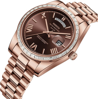 HOTNIBOSI Men's Watches Analog Quartz Diamond Bezel Stainless Steel Dial Rose Gold Silver Watches for Men Waterproof Business Classic Dress Wrist Watch with Day Date