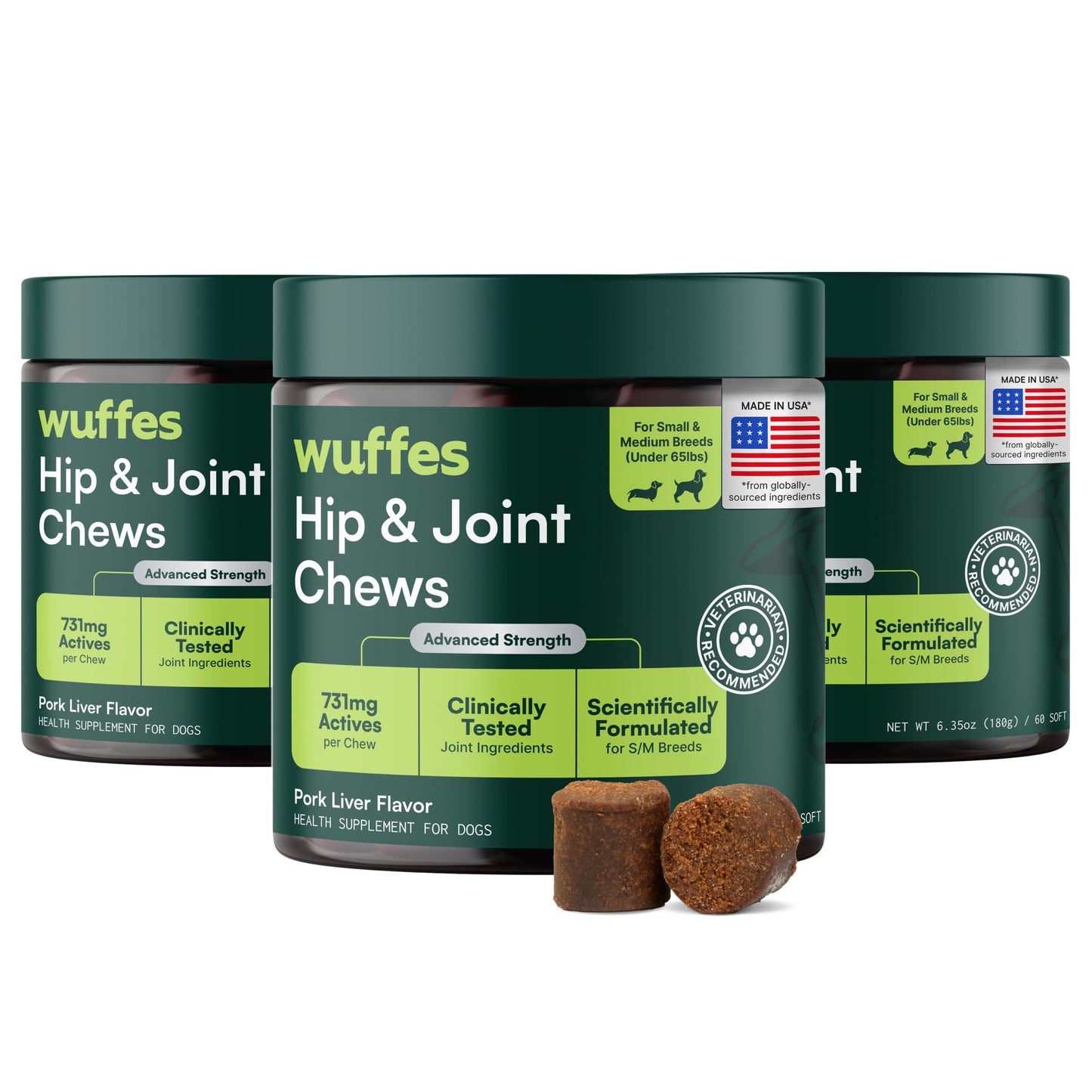 HOTWuffes Advanced Dog Hip and Joint Supplement with Glucosamine, Chondroitin, Omega 3, MSM, and Green Lipped Mussel, 60 Pork Flavored Chews for Small and Medium Dog Breeds