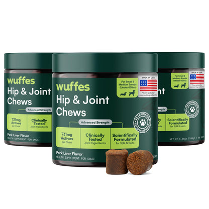 HOTWuffes Advanced Dog Hip and Joint Supplement with Glucosamine, Chondroitin, Omega 3, MSM, and Green Lipped Mussel, 60 Pork Flavored Chews for Small and Medium Dog Breeds