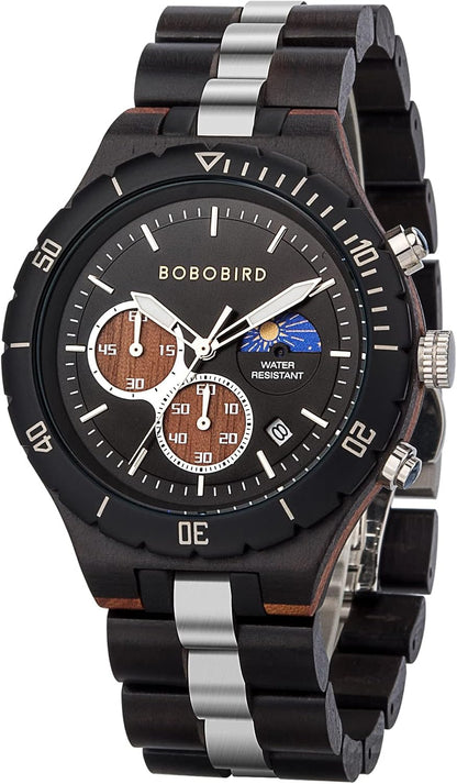 HOTBOBO BIRD Mens Quartz Wooden Watches Stainless Steel Red Sandalwood Alloy Wood Watch for Male Classic Function Wristwatch Chronograph Luminous Hands Day and Night Date Display