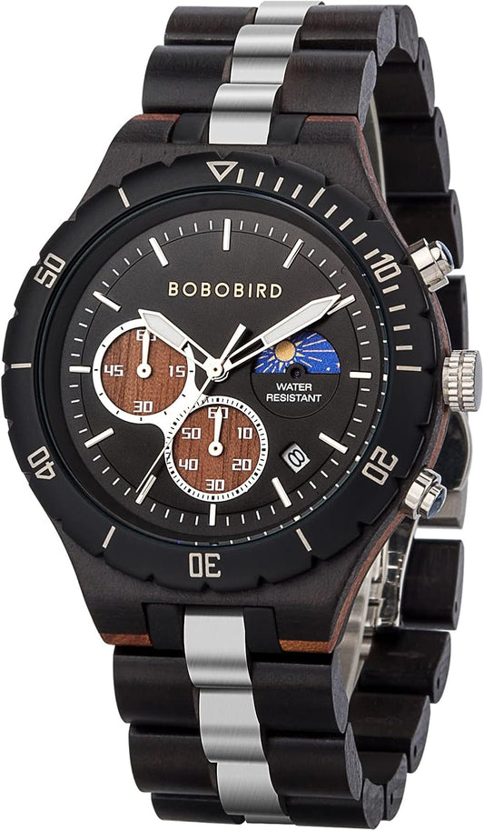 HOTBOBO BIRD Mens Quartz Wooden Watches Stainless Steel Red Sandalwood Alloy Wood Watch for Male Classic Function Wristwatch Chronograph Luminous Hands Day and Night Date Display