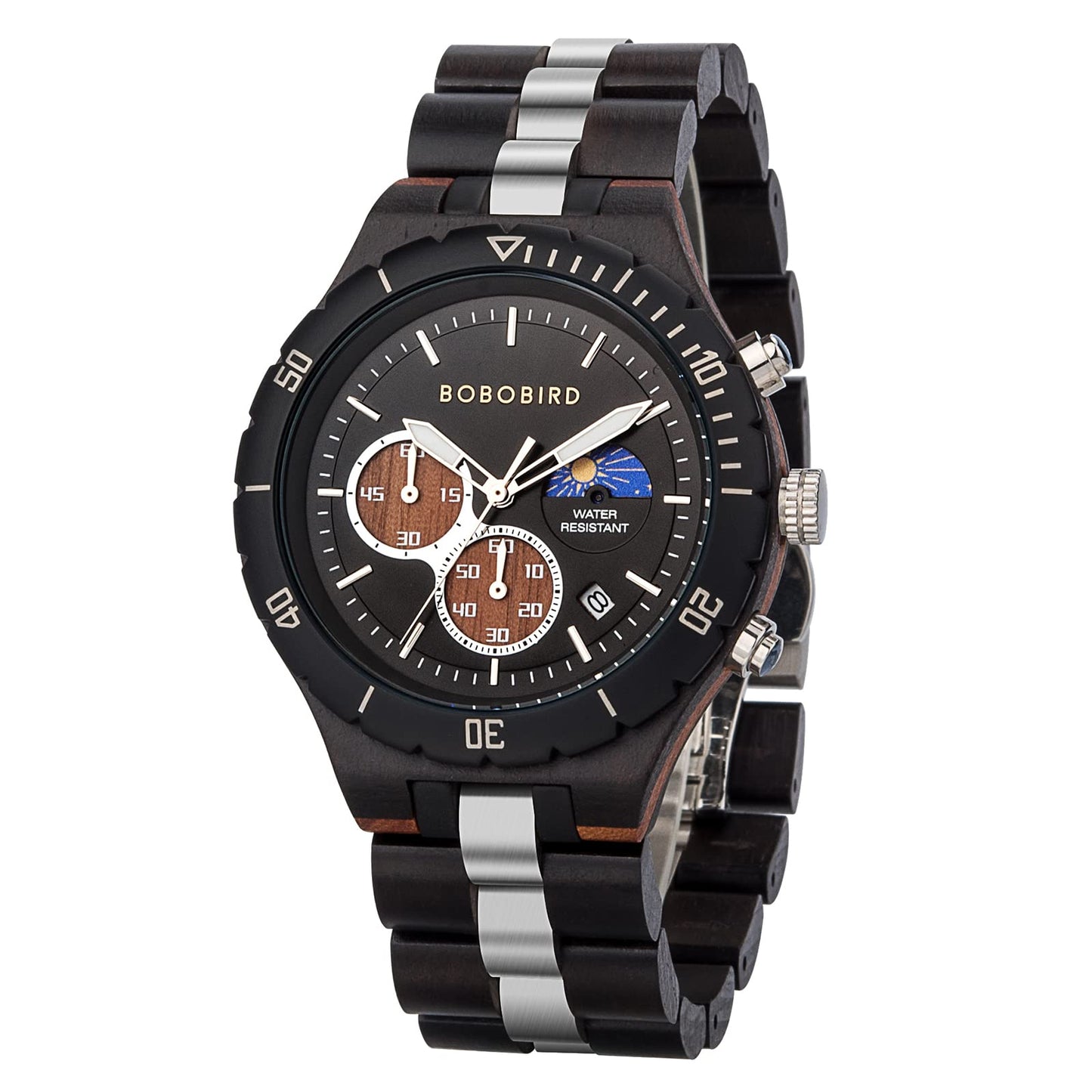 HOTBOBO BIRD Mens Quartz Wooden Watches Stainless Steel Red Sandalwood Alloy Wood Watch for Male Classic Function Wristwatch Chronograph Luminous Hands Day and Night Date Display