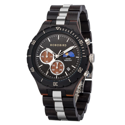 HOTBOBO BIRD Mens Quartz Wooden Watches Stainless Steel Red Sandalwood Alloy Wood Watch for Male Classic Function Wristwatch Chronograph Luminous Hands Day and Night Date Display