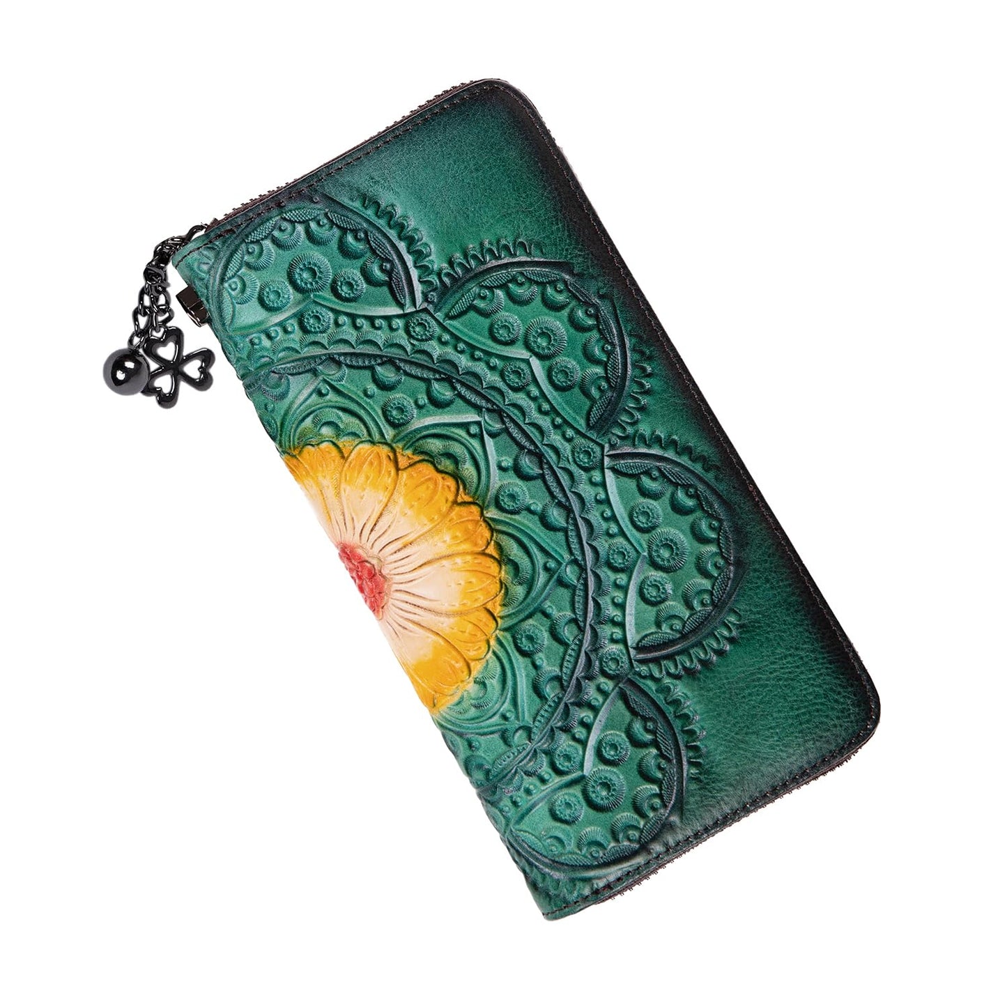 HOTWallet Genuine Leather for Women - with RFID Blocking Card checkbook ID Slot Large Capacity Vintage style (flower brown)