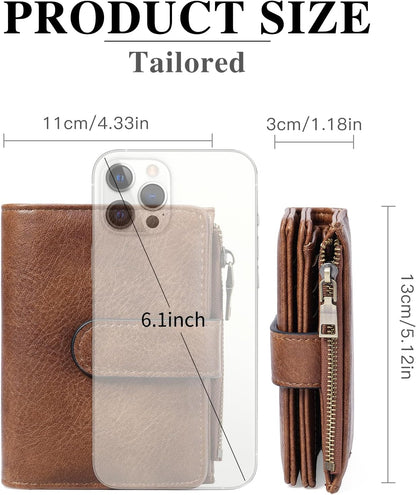 HOTGOIACII Small Wallet Women RFID Blocking Trifold Clutch Ladies Credit Card Holder Zipper Pocket Wallets for Women Brown