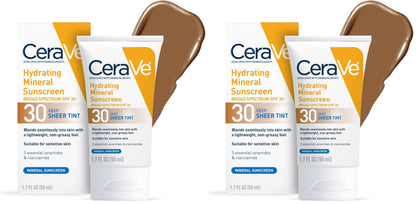 HOTCeraVe Hydrating Mineral Sunscreen SPF 30 with Sheer Tint, Tinted Mineral Sunscreen with Zinc Oxide & Titanium Dioxide, Blends Seamlessly For Healthy Glow, Light, 1.7 Oz