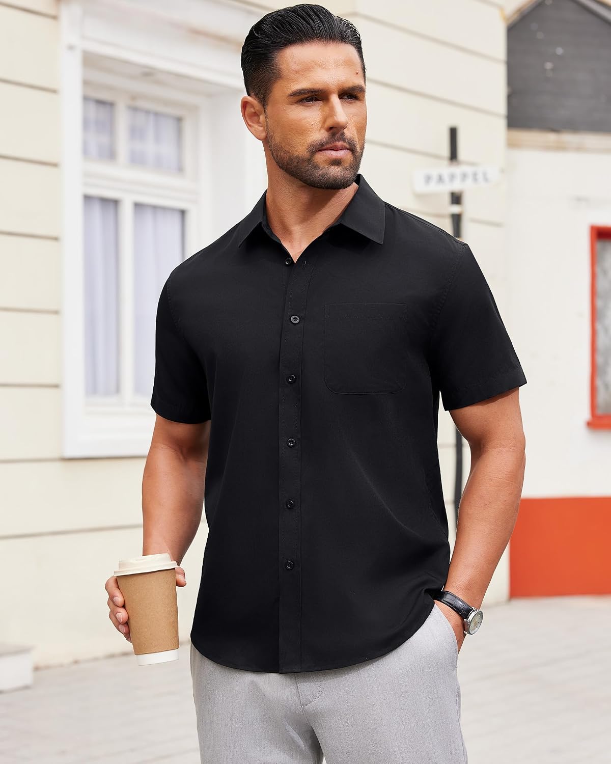 HOTAlimens & Gentle Men's Short Sleeve Dress Shirts Wrinkle Free Untucked Casual Button Down Shirt