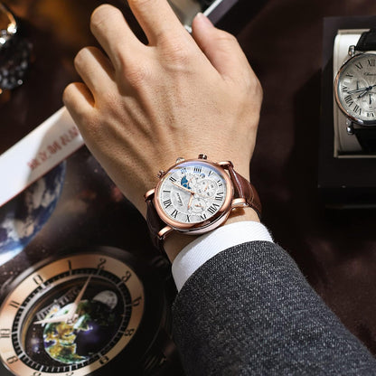HOTFANMIS Men's Classic Watches Multifunctional Analog Watch Business Dress Waterproof Luminous Chronograph Starry Sky Moon Phase Leather Wristwatch