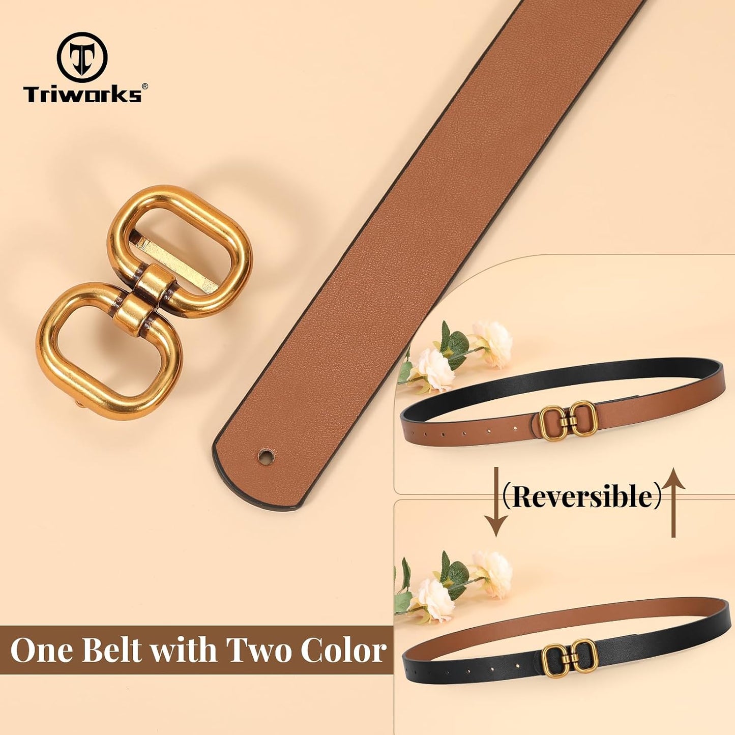 HOTTRIWORKS Reversible Leather Belt for Women with Gold Buckle Ladies Leather Belt for Jeans Pants