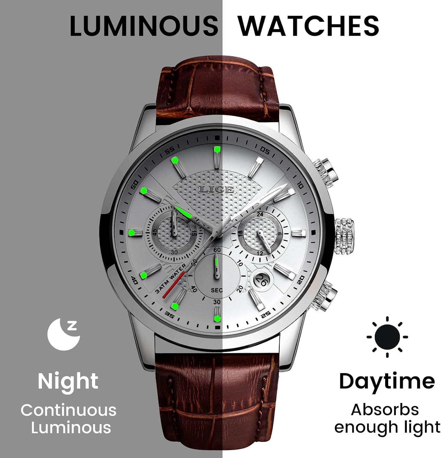 HOTLIGE Wrist Leather Watches for Men Analog Dress Chronograph Waterproof Vintage Work Casual Quartz with Date Display Chronograph Luminous 30M Water Resistant Business Classic Mens Watch